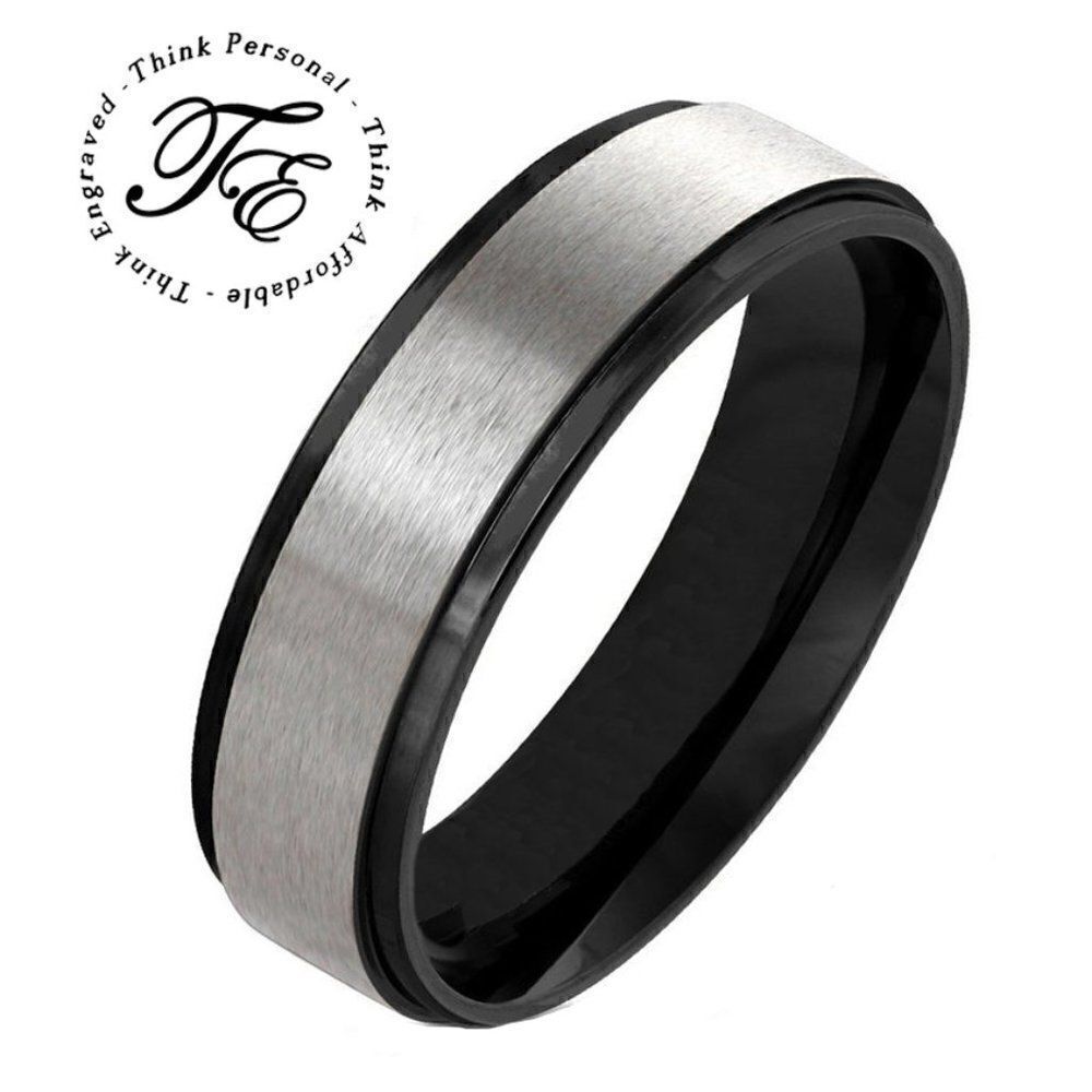 Men's Two Tone Silver and Black Wedding Band Step Edges  Sizes 5 - 13 Available